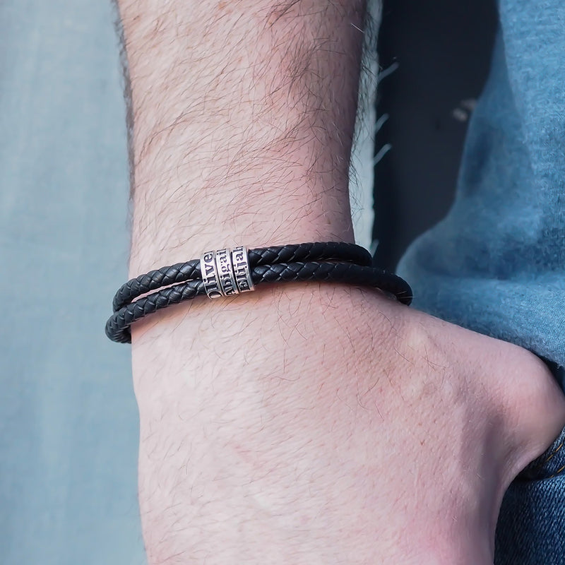 Black Leather Bracelet with Personalized Beads